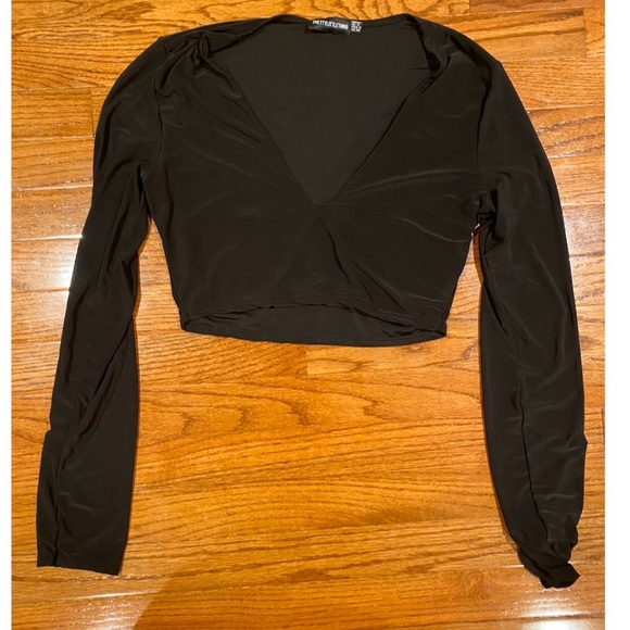 PrettyLittleThing Tops - low cut flowy satiny black crop top